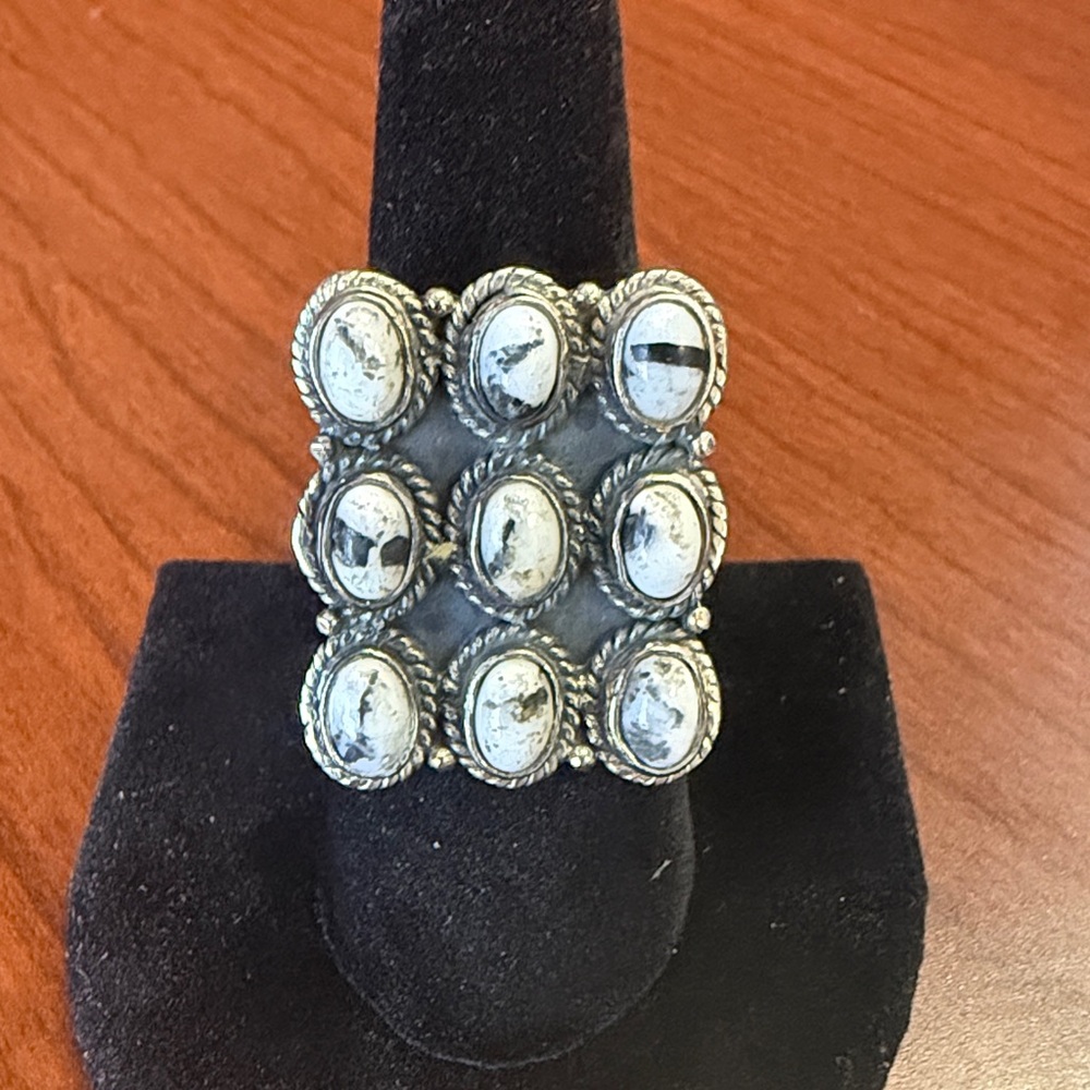 925 Sterling Silver White Buffalo Turquoise Rectangular Statement Ring Size 8.5
